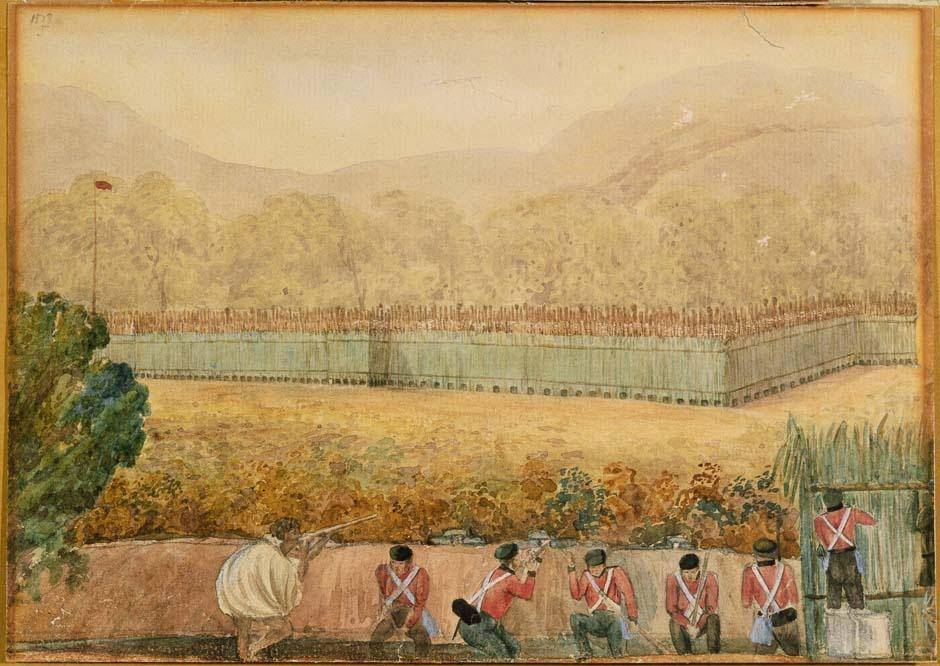 Painting depicting view of the left angle of Hone Heke's pa