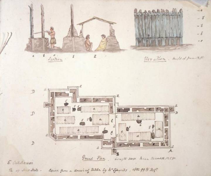 Hand drawn plan view and elevations of pa
